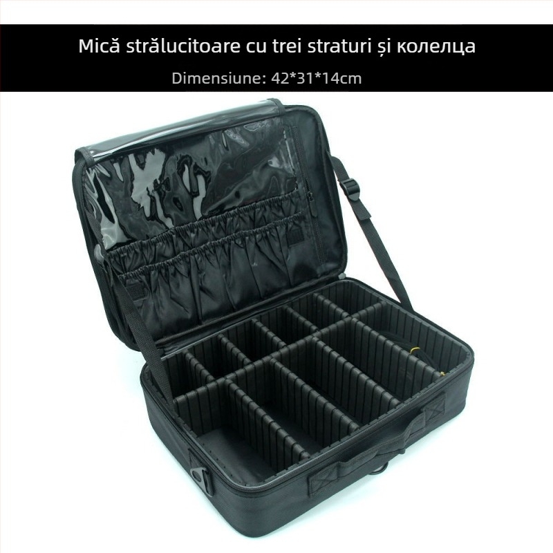 Geantă de makeup cu compartimente de depozitare, material Oxford, fermoar, culoare solidă, impermeabilă și rezistentă la șocuri, cu strat extensibil