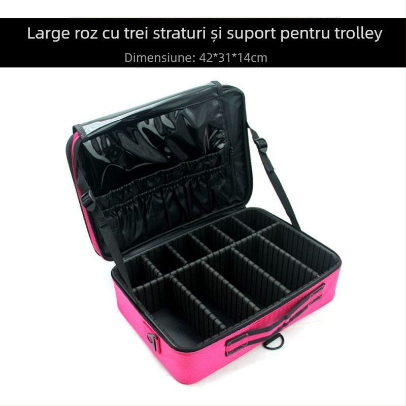 Geantă de makeup cu compartimente de depozitare, material Oxford, fermoar, culoare solidă, impermeabilă și rezistentă la șocuri, cu strat extensibil