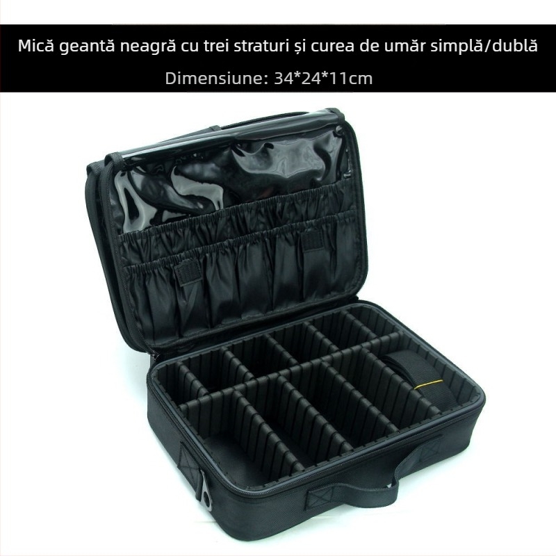 Geantă de makeup cu compartimente de depozitare, material Oxford, fermoar, culoare solidă, impermeabilă și rezistentă la șocuri, cu strat extensibil