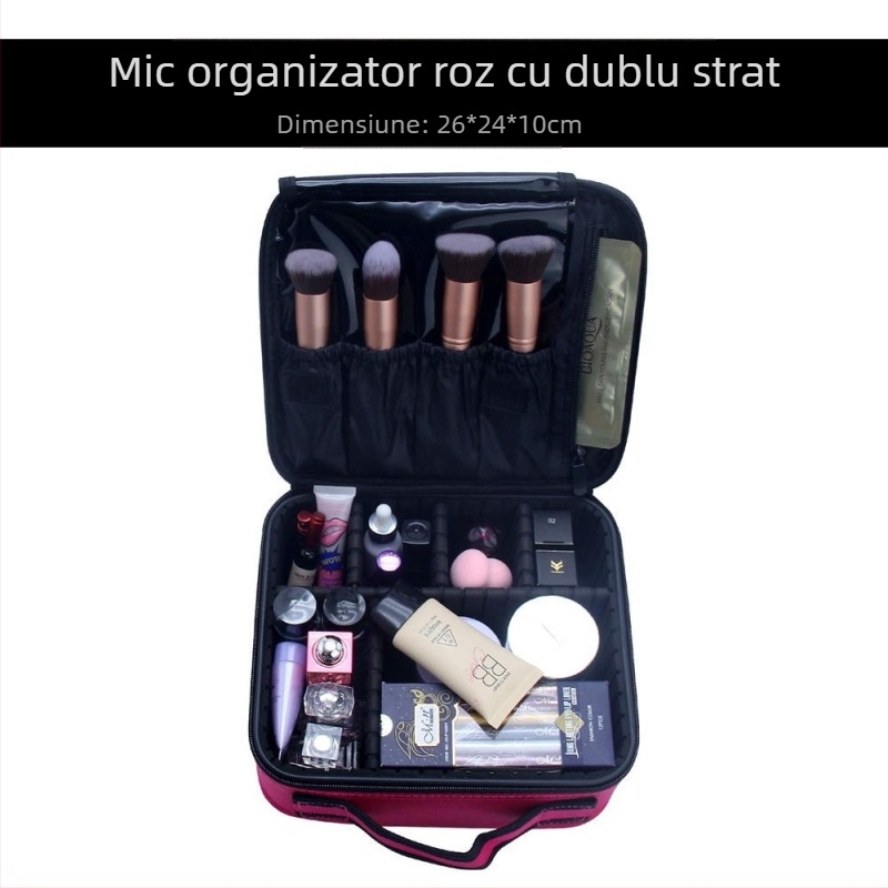 Geantă de makeup cu compartimente de depozitare, material Oxford, fermoar, culoare solidă, impermeabilă și rezistentă la șocuri, cu strat extensibil