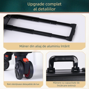 Geantă de cosmetice cu mâner telescopic, design multistrat, corp metalic, roți universale, închidere cu lacăt, strat extensibil