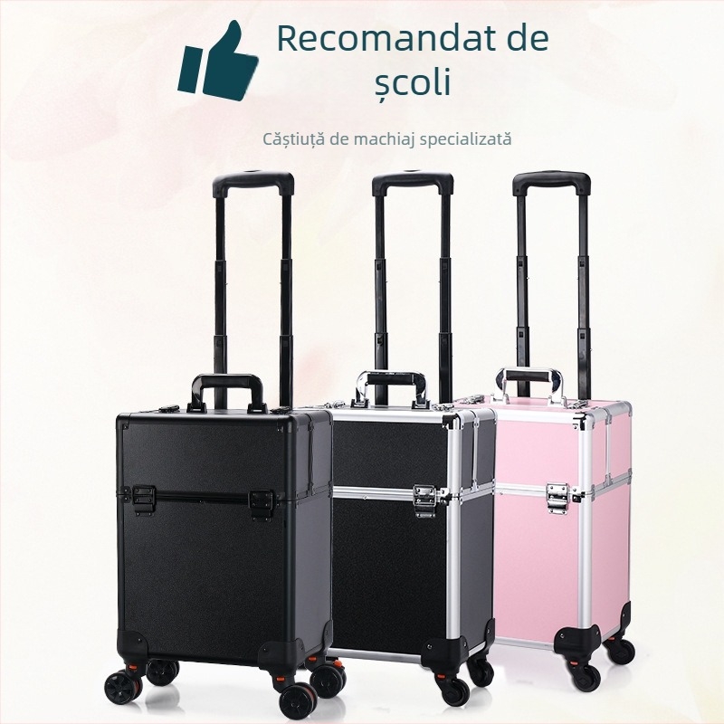 Geantă de cosmetice cu mâner telescopic, design multistrat, corp metalic, roți universale, închidere cu lacăt, strat extensibil