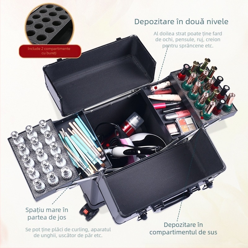 Geantă de cosmetice cu mâner telescopic, design multistrat, corp metalic, roți universale, închidere cu lacăt, strat extensibil