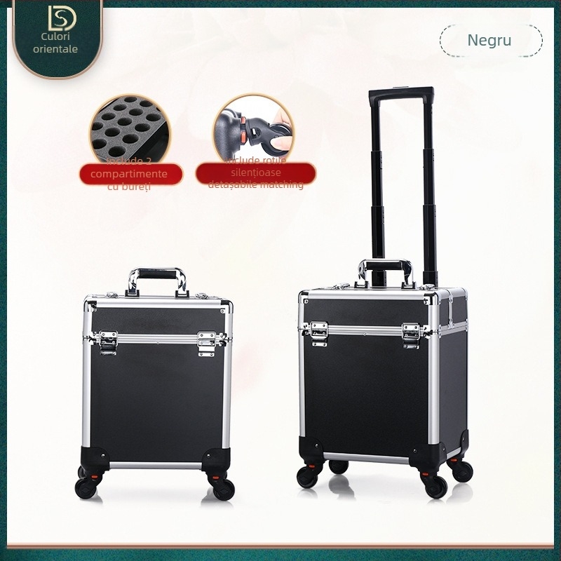 Geantă de cosmetice cu mâner telescopic, design multistrat, corp metalic, roți universale, închidere cu lacăt, strat extensibil