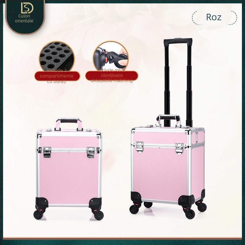 Geantă de cosmetice cu mâner telescopic, design multistrat, corp metalic, roți universale, închidere cu lacăt, strat extensibil
