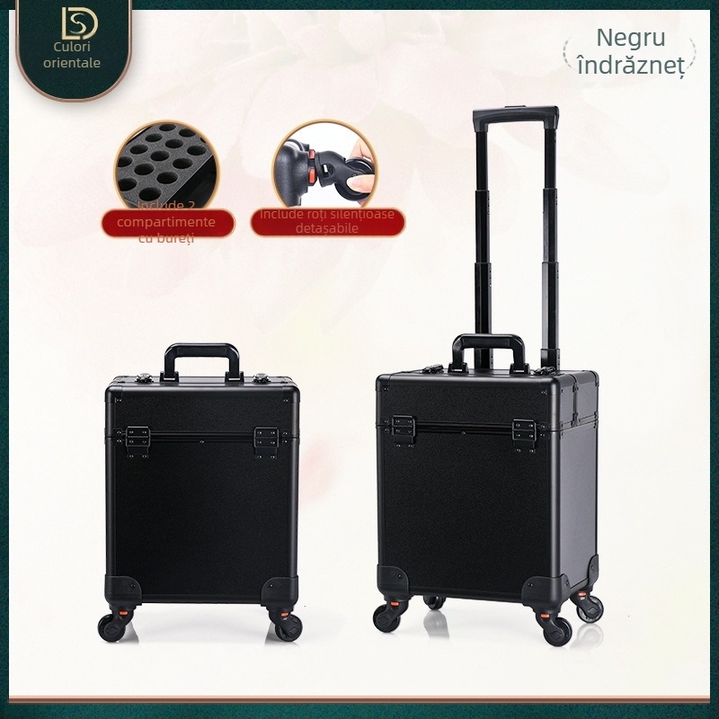 Geantă de cosmetice cu mâner telescopic, design multistrat, corp metalic, roți universale, închidere cu lacăt, strat extensibil