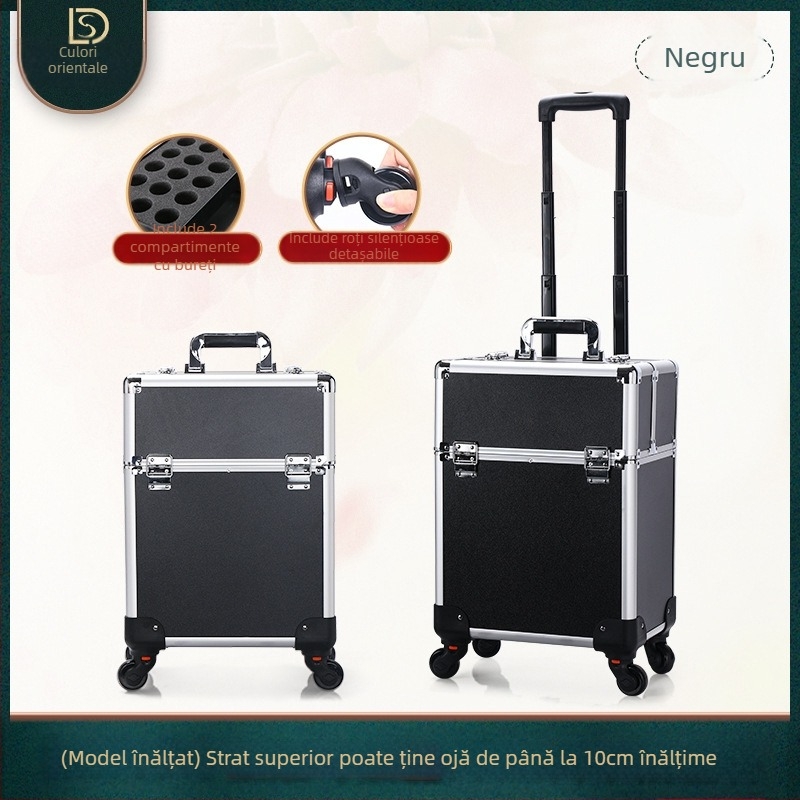 Geantă de cosmetice cu mâner telescopic, design multistrat, corp metalic, roți universale, închidere cu lacăt, strat extensibil