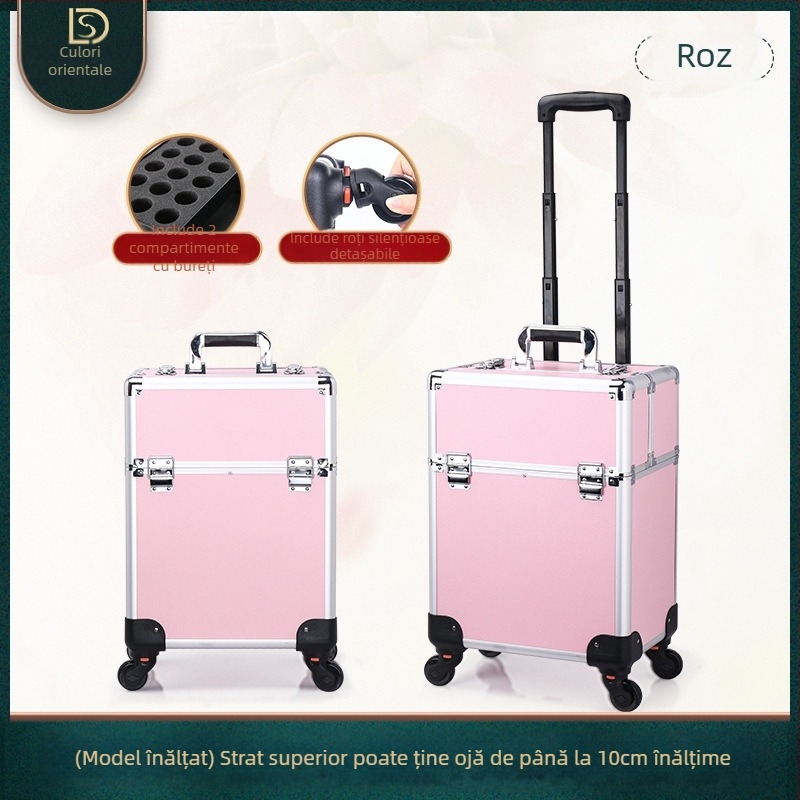 Geantă de cosmetice cu mâner telescopic, design multistrat, corp metalic, roți universale, închidere cu lacăt, strat extensibil