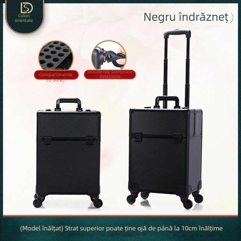 Geantă de cosmetice cu mâner telescopic, design multistrat, corp metalic, roți universale, închidere cu lacăt, strat extensibil