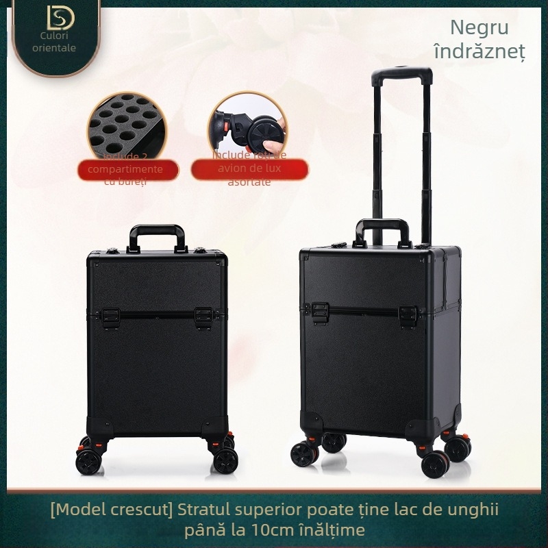 Geantă de cosmetice cu mâner telescopic, design multistrat, corp metalic, roți universale, închidere cu lacăt, strat extensibil