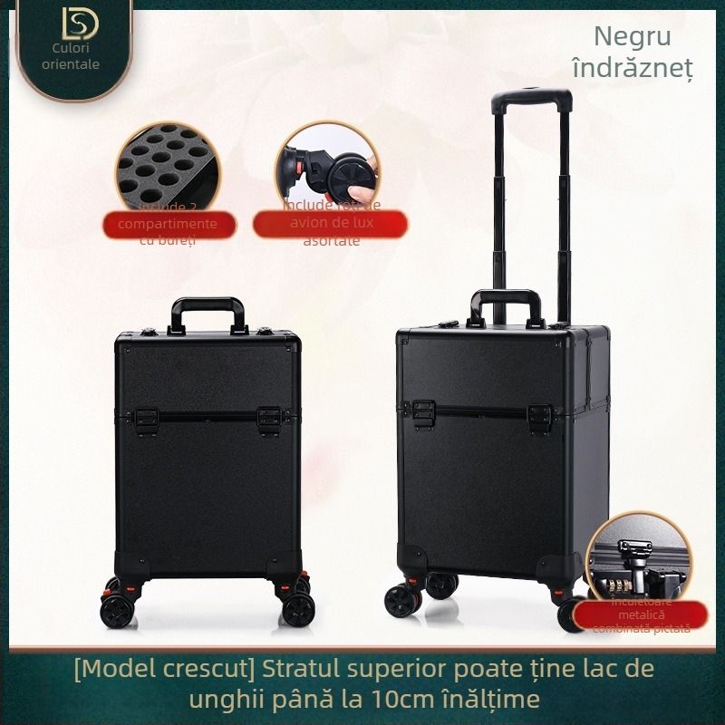 Geantă de cosmetice cu mâner telescopic, design multistrat, corp metalic, roți universale, închidere cu lacăt, strat extensibil
