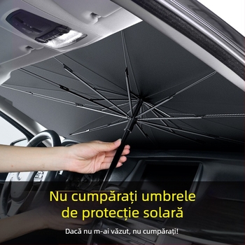 Umbrelă de protecție solară pentru parbrizul frontal al automobilului; material titaniu argintiu; montaj prin snap-in; părți aplicabile: componentele din față; model: logo-ul mărcii; imprimare logo disponibilă