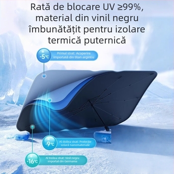 Umbrelă de protecție solară pentru parbrizul frontal al automobilului; material titaniu argintiu; montaj prin snap-in; părți aplicabile: componentele din față; model: logo-ul mărcii; imprimare logo disponibilă