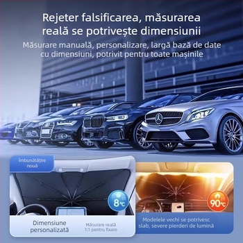 Umbrelă de protecție solară pentru parbrizul frontal al automobilului; material titaniu argintiu; montaj prin snap-in; părți aplicabile: componentele din față; model: logo-ul mărcii; imprimare logo disponibilă
