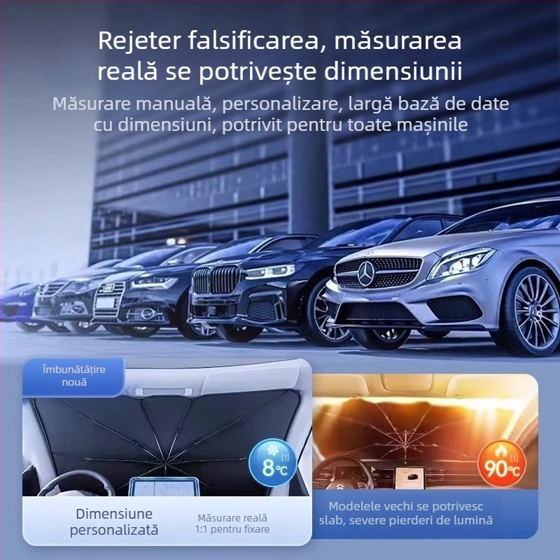 Umbrelă de protecție solară pentru parbrizul frontal al automobilului; material titaniu argintiu; montaj prin snap-in; părți aplicabile: componentele din față; model: logo-ul mărcii; imprimare logo disponibilă