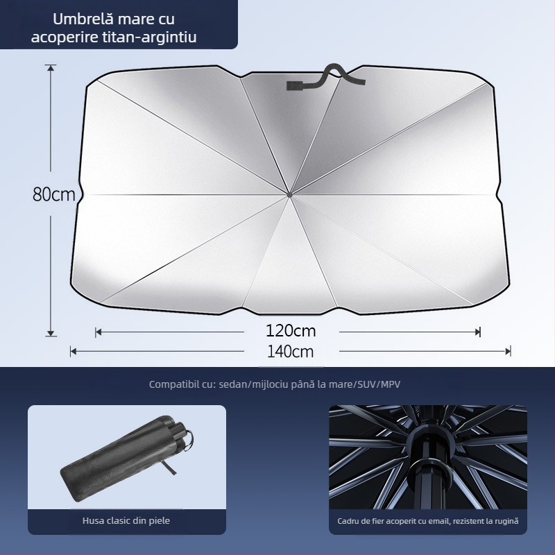 Umbrelă de protecție solară pentru parbrizul frontal al automobilului; material titaniu argintiu; montaj prin snap-in; părți aplicabile: componentele din față; model: logo-ul mărcii; imprimare logo disponibilă