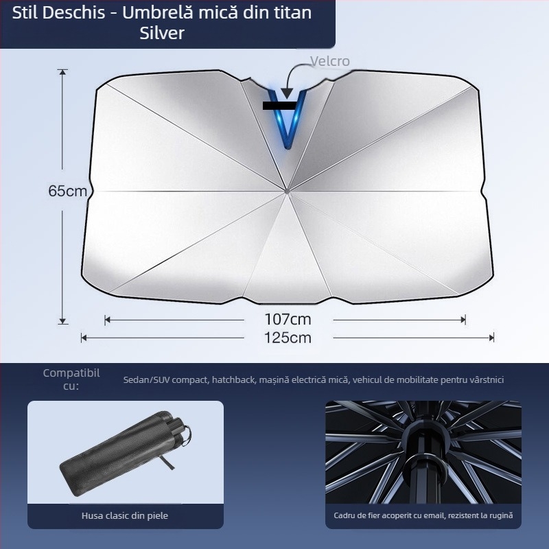 Umbrelă de protecție solară pentru parbrizul frontal al automobilului; material titaniu argintiu; montaj prin snap-in; părți aplicabile: componentele din față; model: logo-ul mărcii; imprimare logo disponibilă