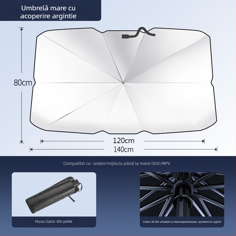 Umbrelă de protecție solară pentru parbrizul frontal al automobilului; material titaniu argintiu; montaj prin snap-in; părți aplicabile: componentele din față; model: logo-ul mărcii; imprimare logo disponibilă