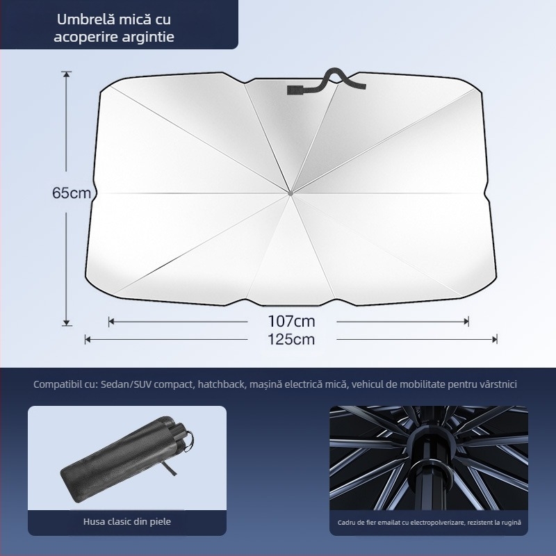 Umbrelă de protecție solară pentru parbrizul frontal al automobilului; material titaniu argintiu; montaj prin snap-in; părți aplicabile: componentele din față; model: logo-ul mărcii; imprimare logo disponibilă