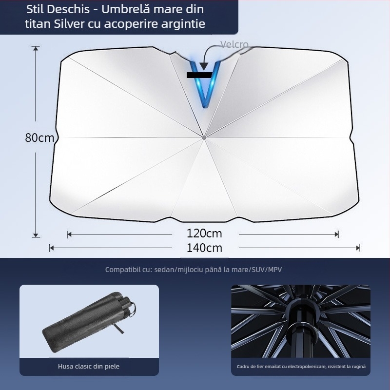 Umbrelă de protecție solară pentru parbrizul frontal al automobilului; material titaniu argintiu; montaj prin snap-in; părți aplicabile: componentele din față; model: logo-ul mărcii; imprimare logo disponibilă