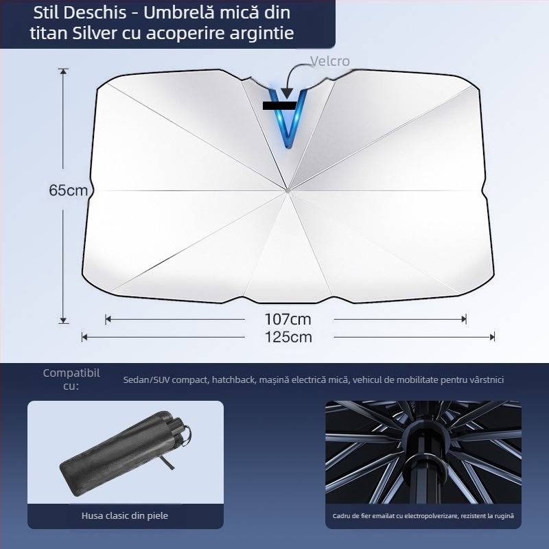 Umbrelă de protecție solară pentru parbrizul frontal al automobilului; material titaniu argintiu; montaj prin snap-in; părți aplicabile: componentele din față; model: logo-ul mărcii; imprimare logo disponibilă