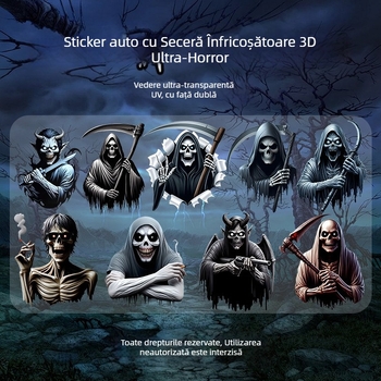 Autocolant 3D înfricoșător cu Secera Morții pentru mașină - impermeabil, cu adeziv de instalare pentru Halloween