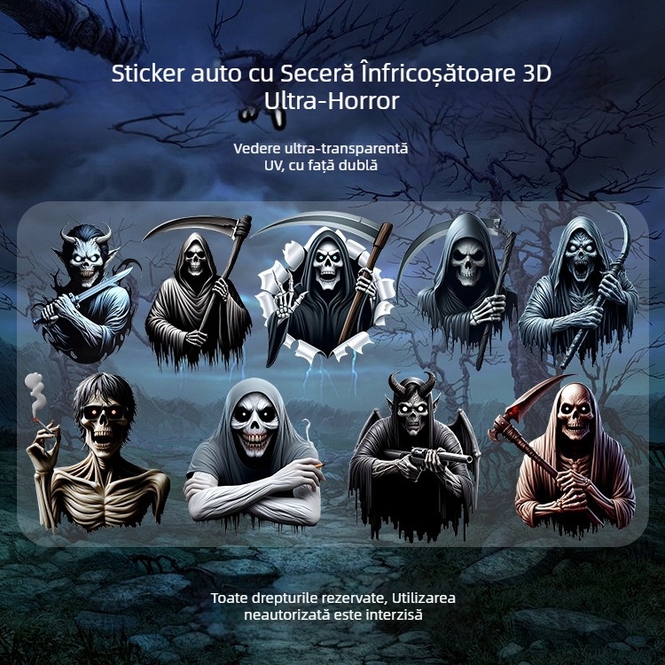 Autocolant 3D înfricoșător cu Secera Morții pentru mașină - impermeabil, cu adeziv de instalare pentru Halloween