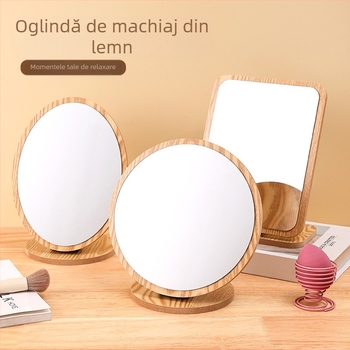 Oglindă de make-up pentru birou din lemn, rotativă – ramă din lemn, oglindă argintie, design pliant, față unică, pentru masă