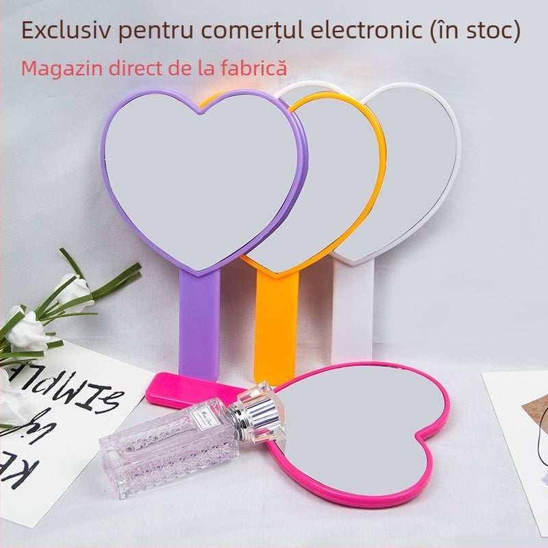 oglindă de machiaj cu mâner în formă de inimă, cu o singură față, ramă din plastic, oglindă din aluminiu, imprimare logo și personalizare disponibile