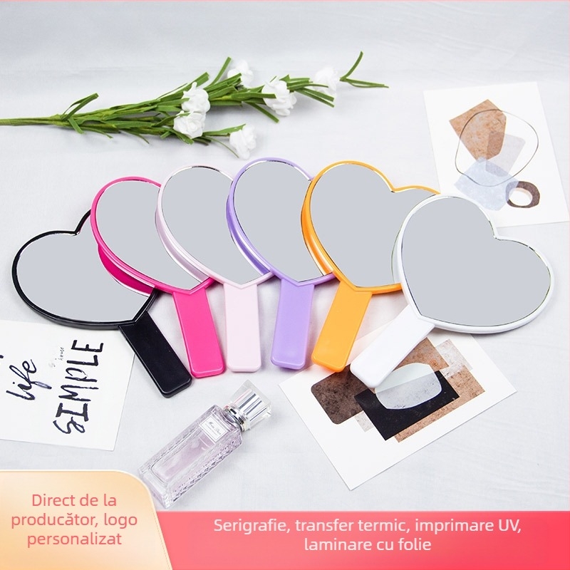 oglindă de machiaj cu mâner în formă de inimă, cu o singură față, ramă din plastic, oglindă din aluminiu, imprimare logo și personalizare disponibile