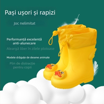Cizme de ploaie pentru copii, PVC partea superioară, model desen animat, unisex, toc mic, gambă medie