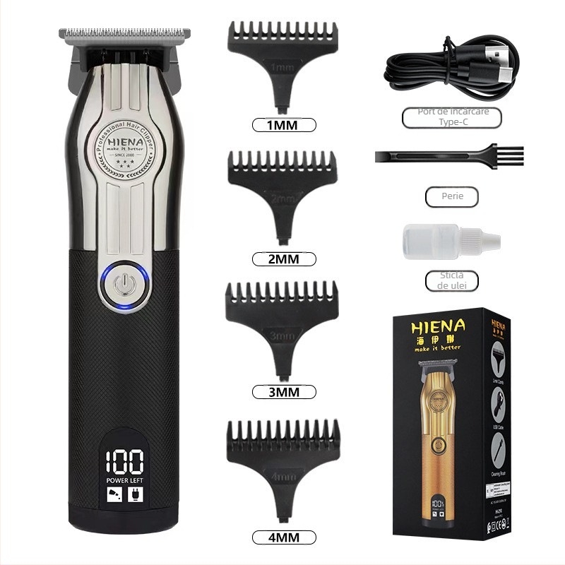 HIENA aparat profesional de tuns păr cu USB încărcare, lamă din aliaj de titan, motor cu perii, baterie încorporată, zgomot redus 36–45 dB
