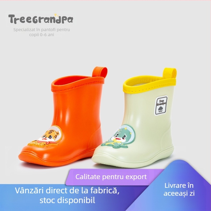 Cizme de ploaie pentru copii cu imprimeu desen animat Dinozaur și Tigru, exterior PVC, înălțime medie, talpă antiderapantă, potrivite pentru toate sezoanele
