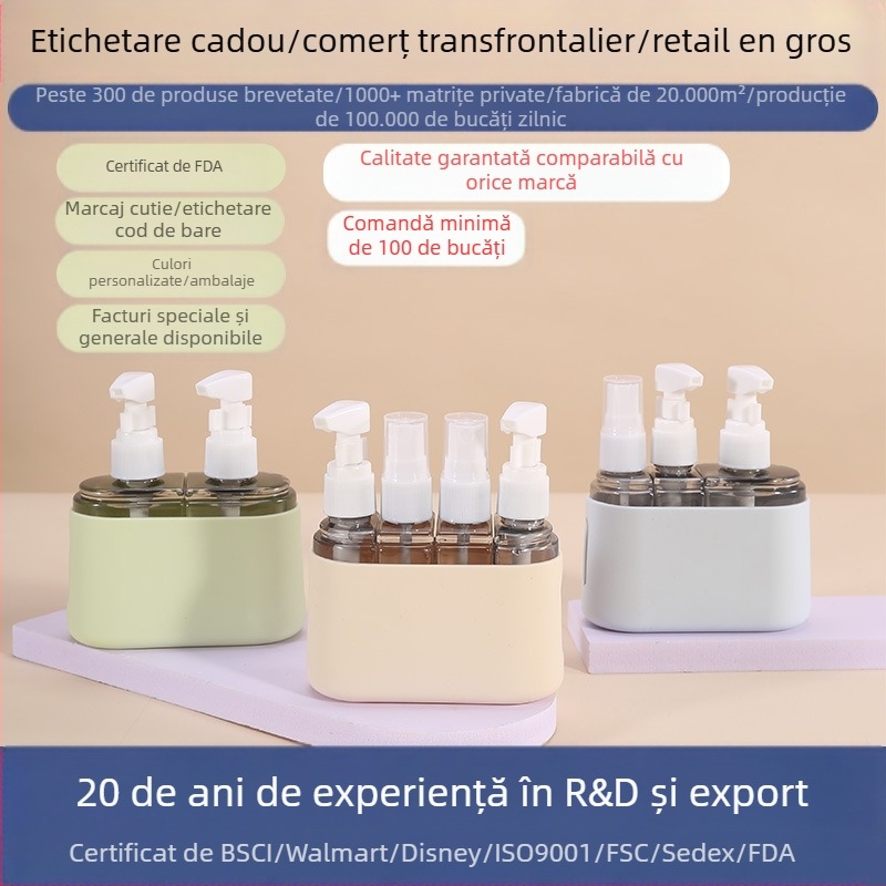Set de umplere de călătorie trei în unu, cu sticle cosmetice din plastic și silicon, model TA3 sub-umplere, ambalare exterioară