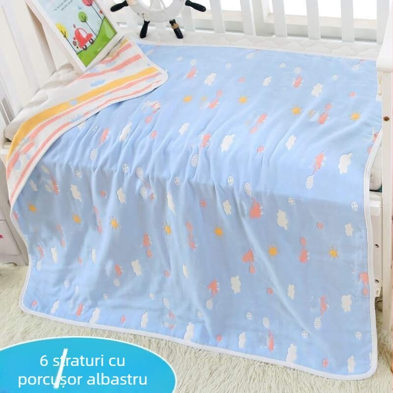 Prosop de baie din tifon pentru bebeluși, șase straturi de tifon din bumbac, margine cu animale desenate, țesătură Jacquard, 80–100 g