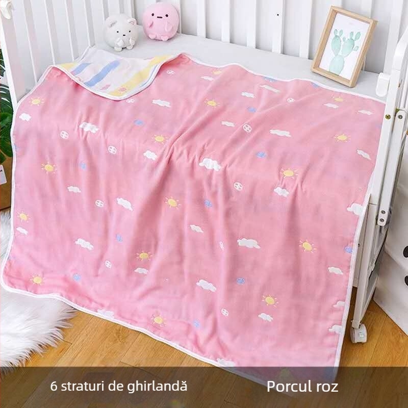 Prosop de baie din tifon pentru bebeluși, șase straturi de tifon din bumbac, margine cu animale desenate, țesătură Jacquard, 80–100 g