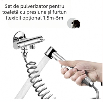 Pistol de duș portabil pentru toaletă din ABS, cu set de furtun, model HU-887, funcție presurizare, montaj prin conectare manuală, temperatură de lucru 80°C