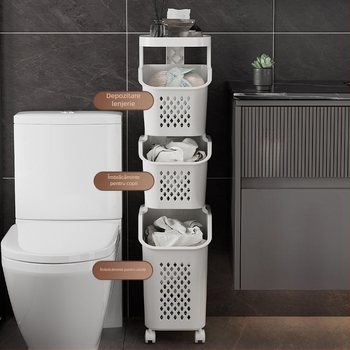 Coș de rufe cu mai multe compartimente și roți – Material PP, uz casnic/băi, Stil modern simplu
