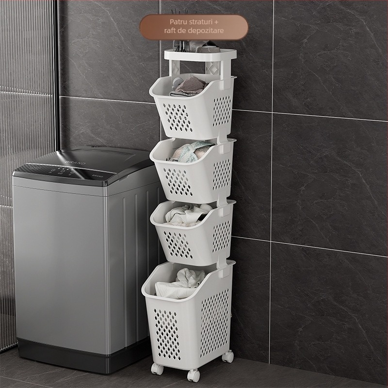 Coș de rufe cu mai multe compartimente și roți – Material PP, uz casnic/băi, Stil modern simplu
