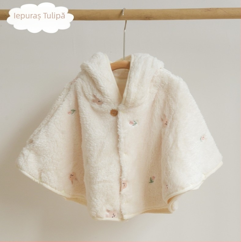 Pelerină pentru copii cu glugă, din catifea Coral Vinylon (91–95%), căptușeală poliesterică, gros pentru iarnă, închidere frontală simplă