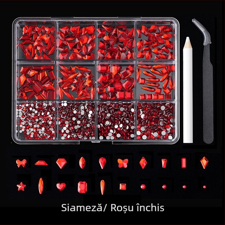 Jane Workshop seria Princess, cutie cu 12 compartimente pentru cristale de unghii din sticlă, bază plată, modele: fluture, lună, picătură de apă, stele