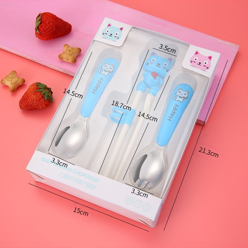 Set pentru copii din oțel inoxidabil 304 pentru învățarea bețișoarelor, cu furculiță și lingură, desen animat, luciu oglindă, logo personalizabil