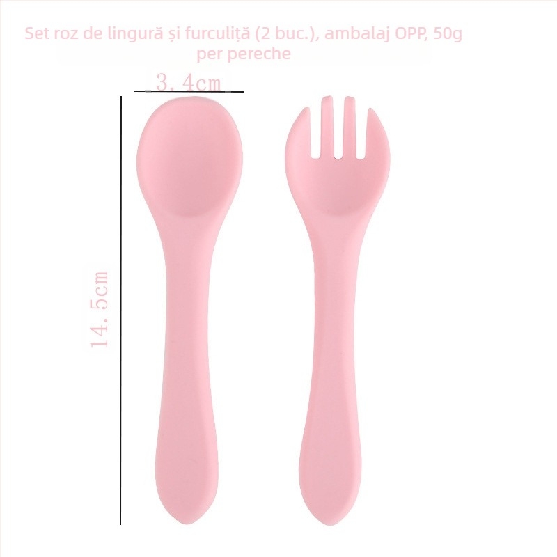 Set silicon bebeluș: linguriță și furculiță, 2 piese, tacâmuri moi pentru antrenament, de la 3 luni