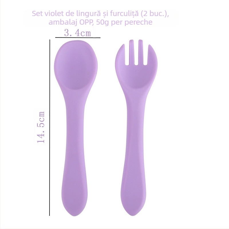 Set silicon bebeluș: linguriță și furculiță, 2 piese, tacâmuri moi pentru antrenament, de la 3 luni