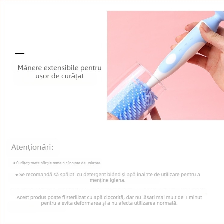 Set de perii pentru sticla bebelușului: perie pentru tetină, perie pentru tub și perie rotativă din silicon