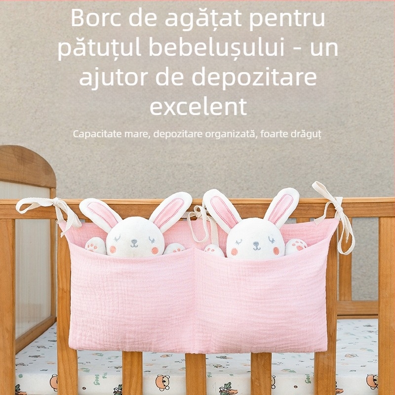 Geantă de depozitare lângă pat pentru bebeluți, din bumbac dublu, cu două buzunare, atârnată de cărucior, imprimat cu design pentru biberon