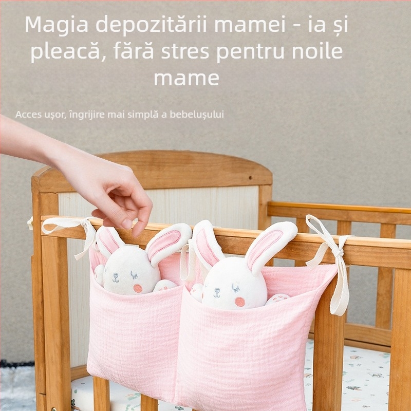 Geantă de depozitare lângă pat pentru bebeluți, din bumbac dublu, cu două buzunare, atârnată de cărucior, imprimat cu design pentru biberon