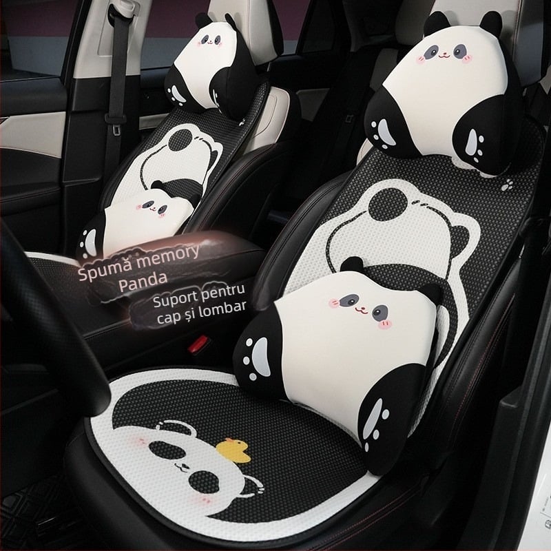 Perna de cap pentru mașină cu design Panda, umplutură memory cotton, material ice silk, universal pentru toate anotimpurile