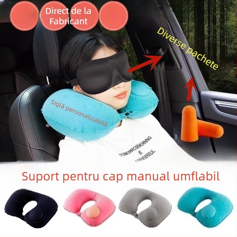 Set pernă de gât pentru călătorii Malisjiang – trei piese cu mască pentru ochi și dopuri de urechi; pernă gonflabilă în formă de U, PVC cu flocking, personalizabil