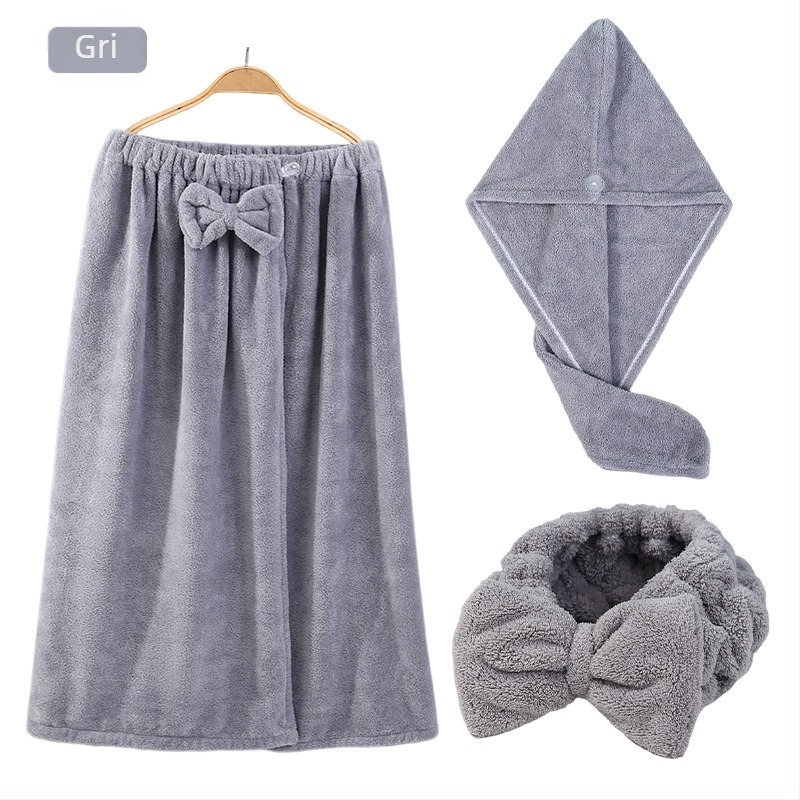 Set de baie din fleece coral, format din trei piese, cu șapcă de uscare a părului și bandă pentru păr cu funda, absorbant 0-5 s, 400 g, seria Underwater Story